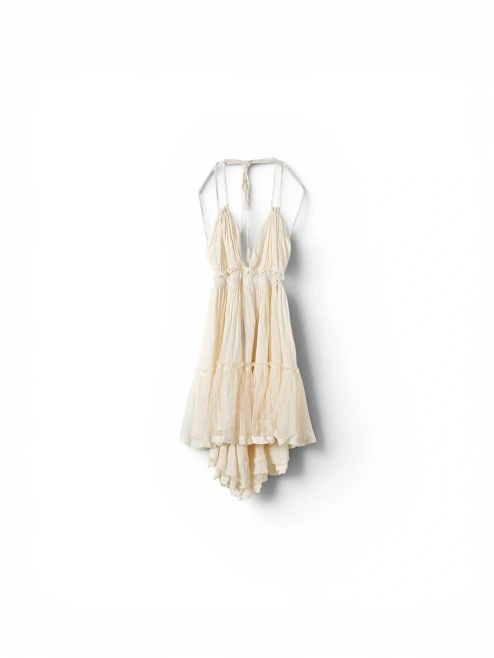 Plunging V-Neck Cream Mini Dress with Tiered Skirt